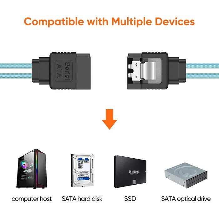 SATA-8IN - CableCreation - SATA III Cable, 8-inch SATA III 6.0 Gbps 7pin Female Straight to Straight Female Data Cable with Locking Latch, 0.6 FT Blue