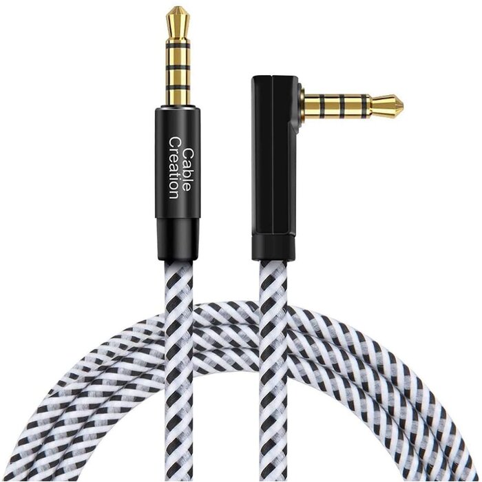 CC0390 - CableCreation 6ft, 3.5mm Aux Cable 4 Pole, CableCreation 90 Degree TRRS 3.5mm Male to Male Audio Cable/Right Angle 4 Pole Stereo Auxiliary Cable (Microphone Compatible), 6ft/1.8m