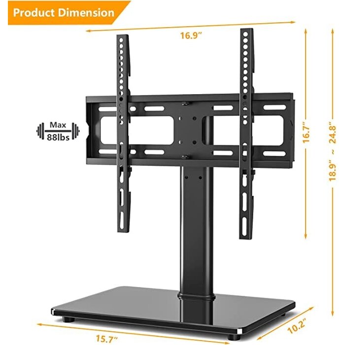 HTO3B-002 - Hemudu - Universal TV Stand/Base Tabletop TV Stand with Wall Mount for 32 to 70 inch 4 Level Height Adjustable, Heavy Duty Tempered Glass Base, Holds up to 110lbs Screens, HT03B-002