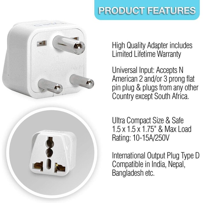 CEPTICS - Type-D - India, Nepal, Pakistan Travel Adapter Plug by Ceptics - Ultra Compact - Dual USA Input - Safe Grounded Perfect for Cell Phones, Laptops, Camera Chargers and More
