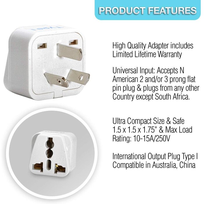 TYPE-I - Ceptics Type I - Australia, China, New Zealand Travel Plug Adapter (Type I) - [Grounded & Universal]