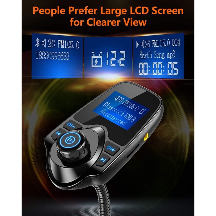 KM18 - Nulaxy Wireless in-Car Bluetooth 5.0 FM Transmitter Radio Adapter Car Kit W 1.44 Inch Display Supports TF/SD Card and USB Car Charger for All Smartphones Audio Players-KM18