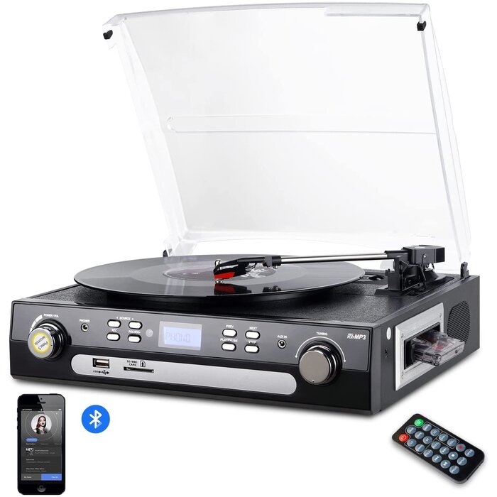 DIGIT-NOW - DIGITNOW - Bluetooth Record Player with Stereo Speakers, Turntable for Vinyl to MP3 with Cassette Play, AM/FM Radio, Remote Control, USB/SD Encoding, 3.5mm Music Output Jack