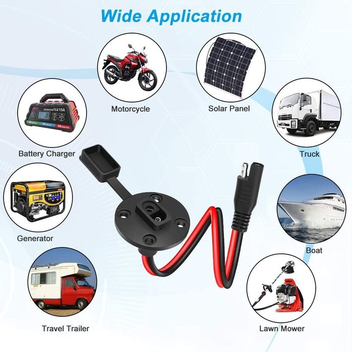SLR-WLL-SCKT - Electop 12AWG SAE Power Socket Sidewall Port, Weatherproof SAE Quick Connect Solar Panel Mount Universal Flush-Mountable Connector, 12AWG SAE Cable with 8 Screws for Solar Generator Battery Charger