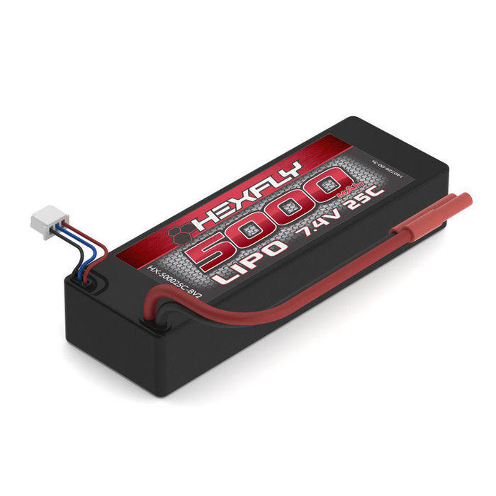 Hexfly HX-500025C-BV2 - Hexfly 2 cell 7.4V 5000mAh 25C LiPo Battery(Hard Case)(Banana Connector)(1pc)