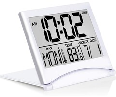 TRAVEL-CLOCK - Betus - Digital Travel Alarm Clock - Foldable Calendar & Temperature & Timer LCD Clock with Snooze Mode - Large Number Display, Battery Operated - Compact Desk Clock for All Ages