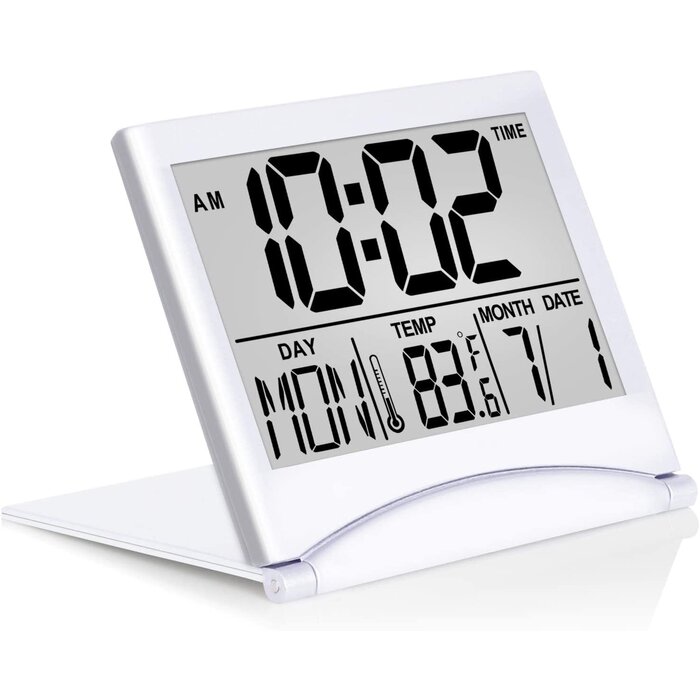 TRAVEL-CLOCK - Betus - Digital Travel Alarm Clock - Foldable Calendar & Temperature & Timer LCD Clock with Snooze Mode - Large Number Display, Battery Operated - Compact Desk Clock for All Ages