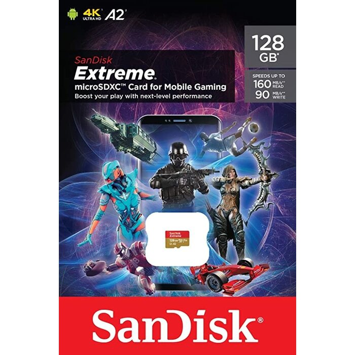 SanDisk MICROSDXC-128GB - SanDisk - 128GB Extreme for Mobile Gaming MicroSD UHS-I Card - C10, U3, V30, 4K, A2, Micro SD - SDSQXA1-128G-GN6GN