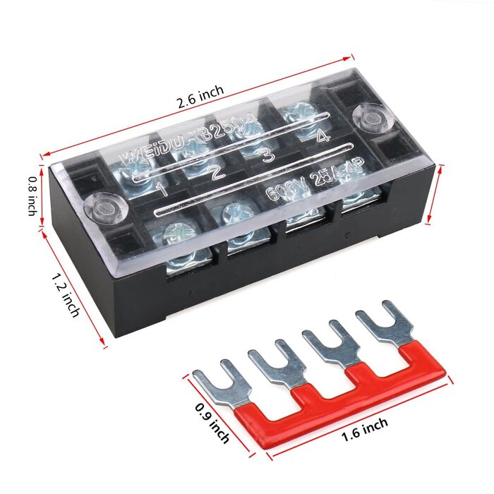 4P-25AMP - URBEST - Terminal Block 4 Position Dual Row Screw Covered Strip 600V 25A with 400V 25A 4 Position Pre Insulated Terminal Barrier Strip Red/Black