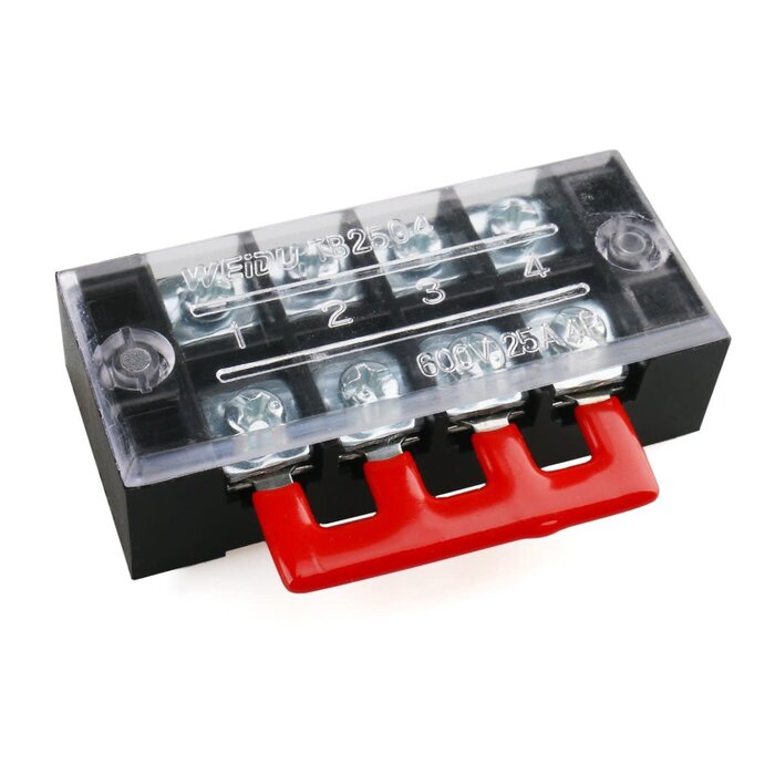4P-25AMP - URBEST - Terminal Block 4 Position Dual Row Screw Covered Strip 600V 25A with 400V 25A 4 Position Pre Insulated Terminal Barrier Strip Red/Black