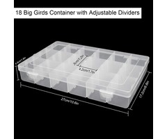 Plastic Jewelry Organizer Box 18 Big Grids Clear Storage Organizer Case with Adjustable Dividers Jewelry Storage Container Multi Compartment Storage Box for Washi Tape, Bead, Gem, Rock