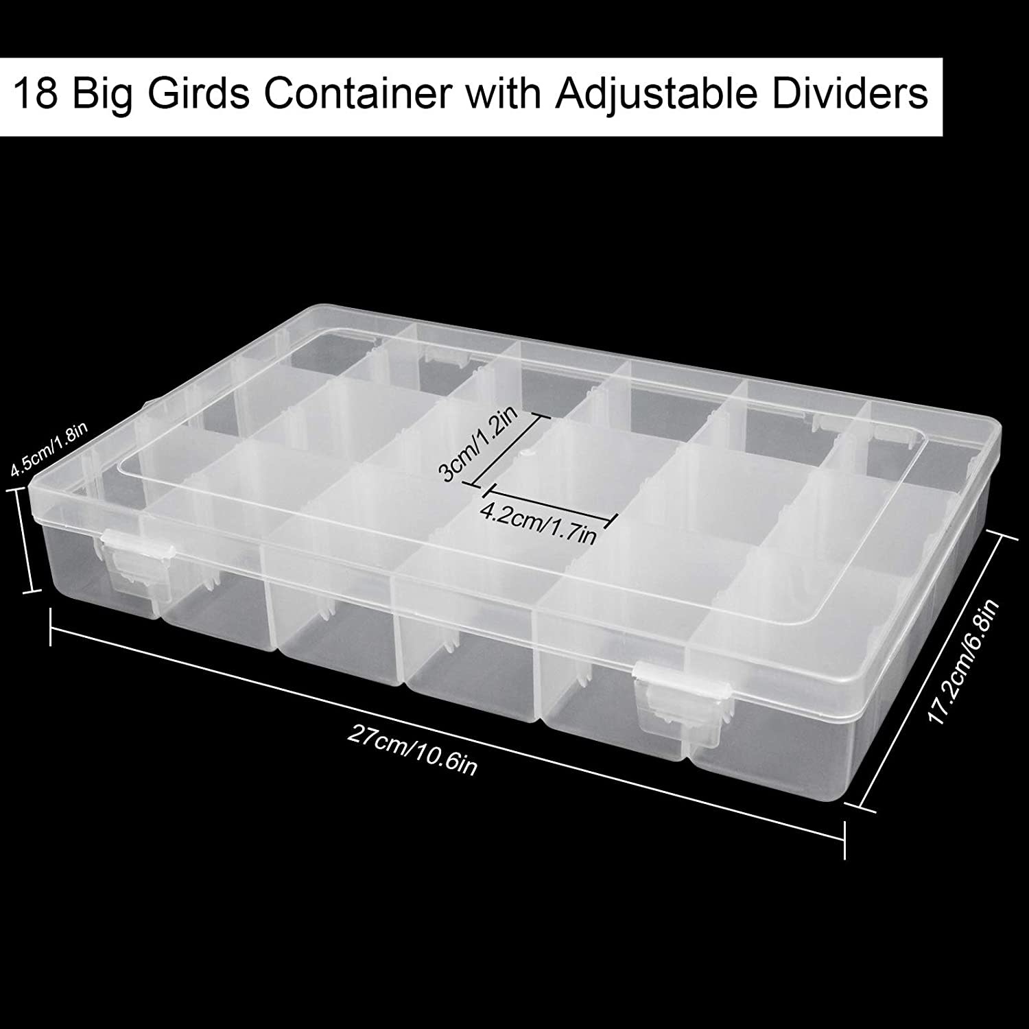 PARTS-ORG18 - FengWu - Plastic Jewelry Organizer Box 18 Big Grids Clear  Storage Organizer Case with Adjustable Dividers Jewelry Storage Container  Multi Compartment Storage Box for Washi Tape, Bead, Gem, Rock 
