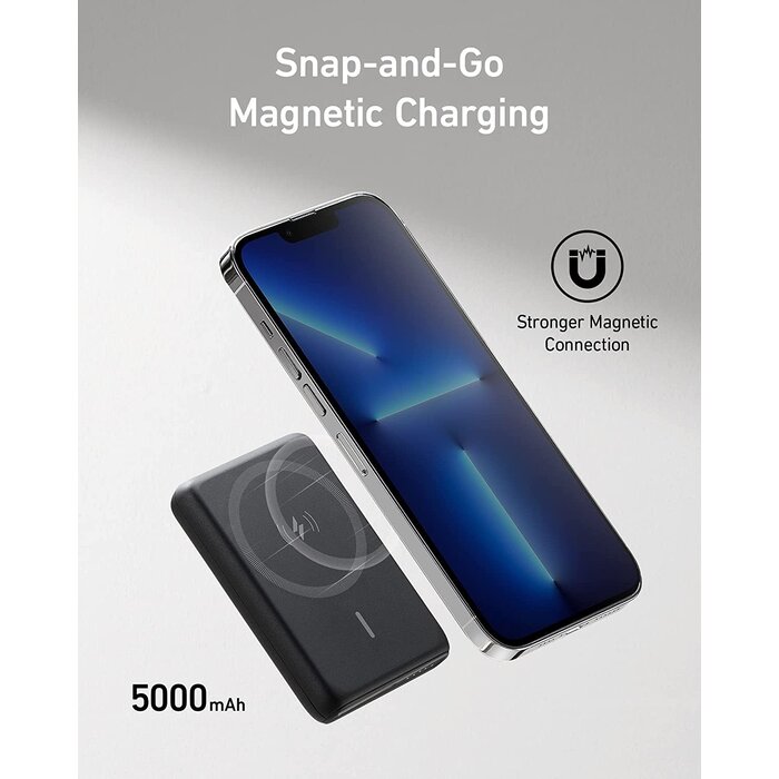 Anker 521 Magnetic Battery (PowerCore Magnetic 5K), 5000 mAh Magnetic Wireless Portable Charger with USB-C Cable, for iPhone 13 /13 Pro /13 Pro Max /13 Mini /12 /12 Pro /12 Pro Max /12 Mini (Black)