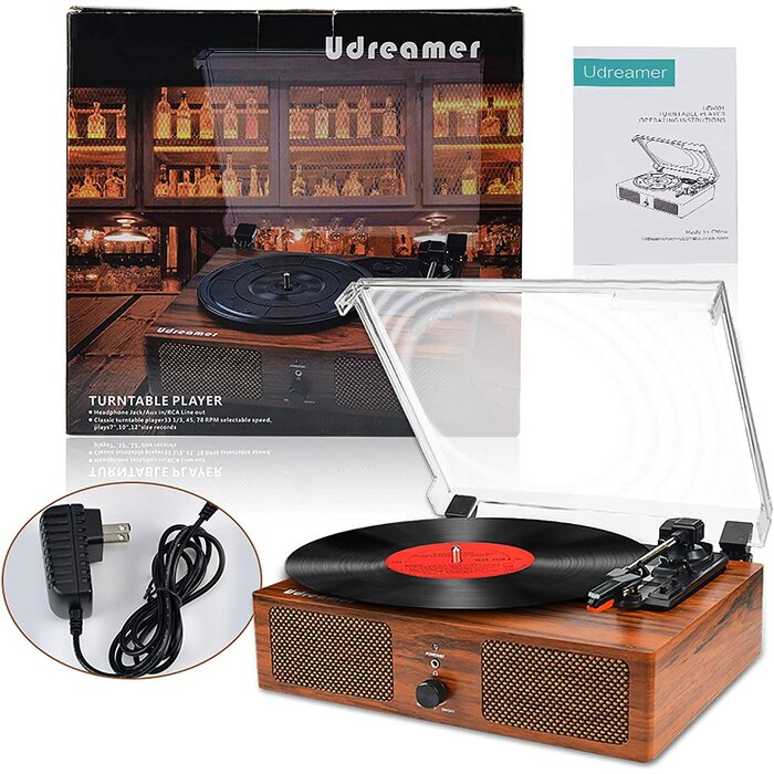 UD001 - Udreamer Bluetooth Vinyl Record Player Wireless Turntable with Built-in Speakers and USB Belt-Driven Vintage Phonograph Record Player 3 Speed for Entertainment and Home Decoration