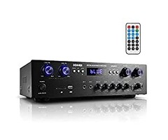 Bluetooth 5.0 Stereo Audio Amplifier Receiver, 4 Channel, 440W Peak Power Home Theater Stereo Receiver USB, SD,FM, 2 Mic in Echo, RCA, LED, Speaker Selector for Studio, Home-MAMP5