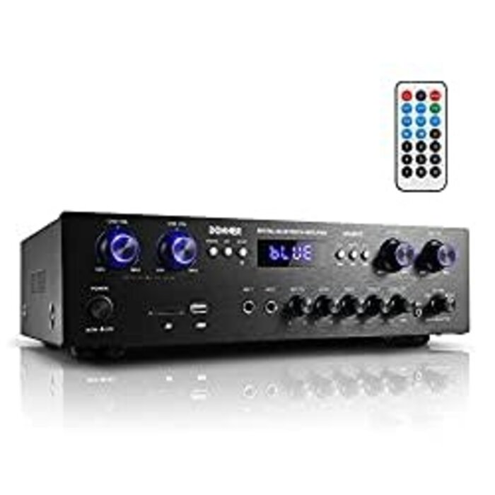 Bluetooth 5.0 Stereo Audio Amplifier Receiver, 4 Channel, 440W Peak Power Home Theater Stereo Receiver USB, SD,FM, 2 Mic in Echo, RCA, LED, Speaker Selector for Studio, Home-MAMP5