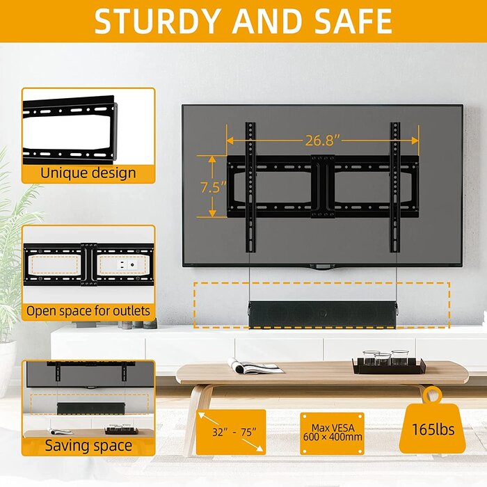 TV Wall Mount Tilt for Most 32-75 inch Flat/Curved TVs up to 165lbs, Heavy Duty Tilting TV Mount, Large Low Profile Wall Mount TV Bracket Fits 16"/18"/24" Stud, Max VESA 600x400mm