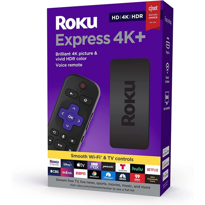 Roku Express 4K+ 2021 | Streaming Media Player HD/4K/HDR with Smooth Wireless Streaming and Roku Voice Remote with TV Controls, Includes Premium HDMI® Cable