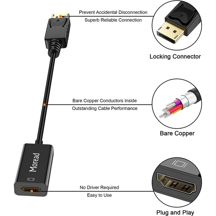 DP2HDMI - Moread - DisplayPort (DP) to HDMI Adapter, Gold-Plated Uni-Directional Display Port PC to HDMI Screen Converter (Male to Female) Compatible with HP, Dell, Lenovo, NVIDIA, AMD & More, Passive