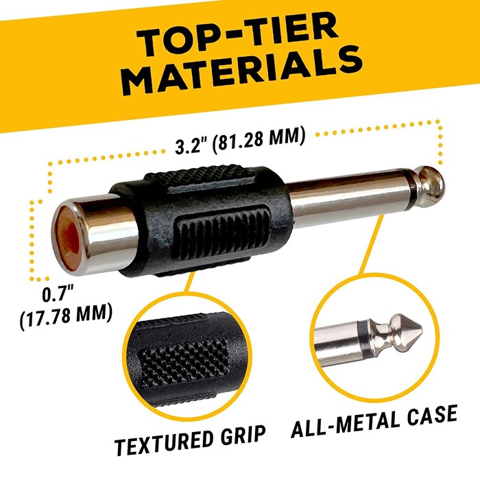 1/4-RCA-ADAP - GLS Audio RCA to 1/4 TS Adapter - RCA Female to 1/4 Inch Male Mono TS Plug Adapter - All Metal Connectors with High Grip Treads