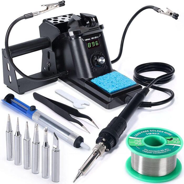 60W Digital Display Soldering Iron Station Kit w 2 Helping Hands, 6 Extra Iron Tips, Lead-Free Solder, Solder Sucker, S/S Tweezers, °C/ºF Conversion, Auto Sleep & Calibration Support