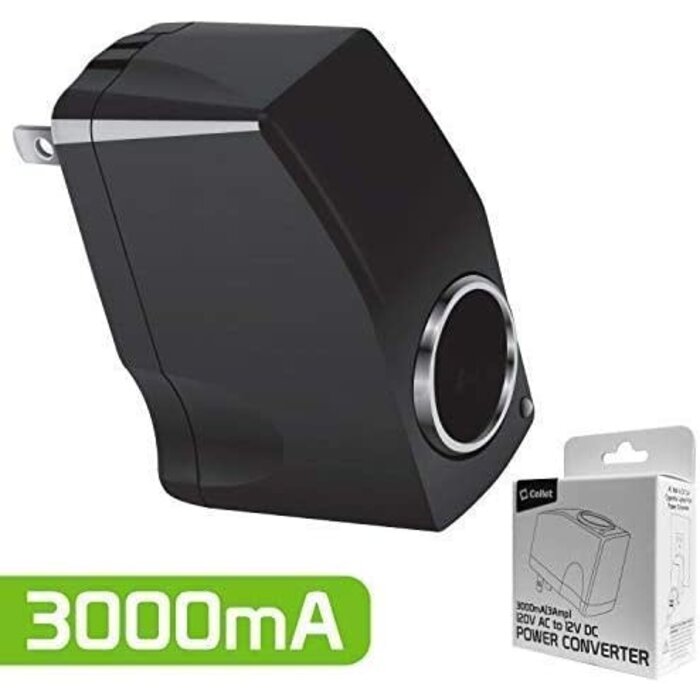 12V-3000mAh - Cellet AC to DC Adapter Convert 120V/110V to 12V AC/DC Power Converter Car Cigarette Lighter Socket {Maximum Power Rating 3Amp (3000mA)} (Not for Air Compressor, Air Pump, Vacuum)