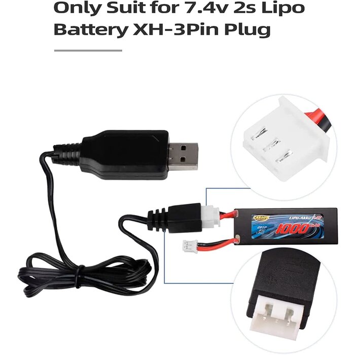 RC-JST-3PIN - BGUAD - 7.4V 2S LiPo Battery USB Charger Cable 1A Fast Charging with XH-3P Connector for SCX24 RC Car Truck Rock Crawler FPV Drone Airplane Boat Racing Quadcopter Helicopter Airsoft Glider UAV, 2 Pcs