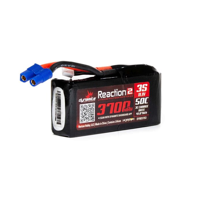 DYNAMITE DYNB37353 - 11.1V 3700mAh 3S 50C Reaction 2 LiPo Battery: EC3