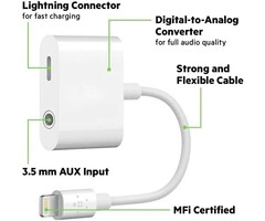 LIGHT-AUX-CHARGE - iPhone Headphone Adapter with Charge 2-in-1 Lightning to 3.5mm Female Aux Audio Jack Dual Converter Mfi Certified Apple Dongle Splitter + Charger Adaptor for iPhone 14 Pro Max 13 12 11 XR XS iPad Mini