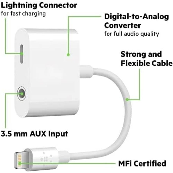 LIGHT-AUX-CHARGE - iPhone Headphone Adapter with Charge 2-in-1 Lightning to 3.5mm Female Aux Audio Jack Dual Converter Mfi Certified Apple Dongle Splitter + Charger Adaptor for iPhone 14 Pro Max 13 12 11 XR XS iPad Mini