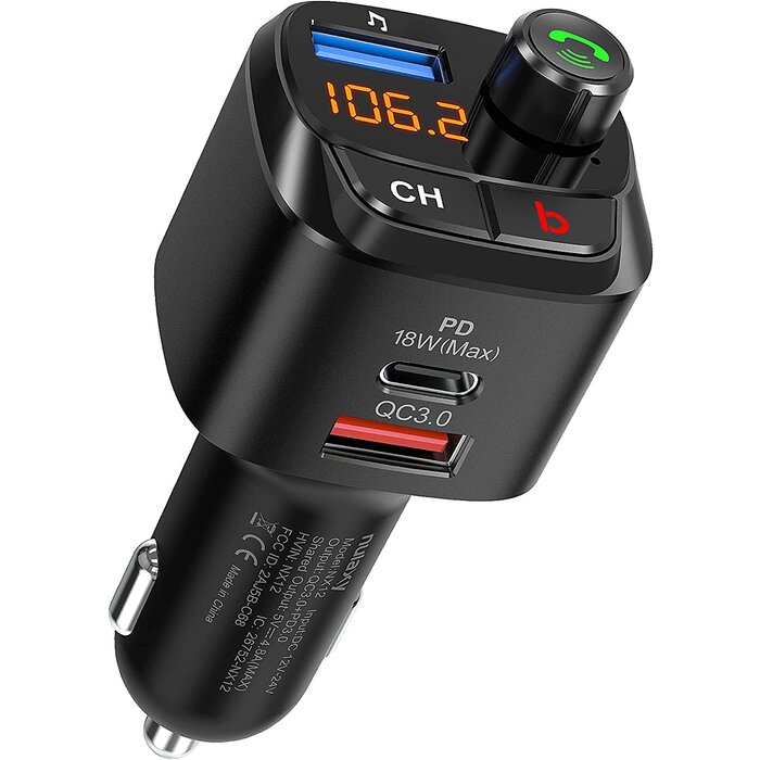 Bluetooth 5.0 FM Transmitter for Car, QC3.0 & USB-C PD 18W Wireless Bluetooth Radio Adapter Music Player/Car Kit with Bass Booster, Hands-Free Calls-NX12