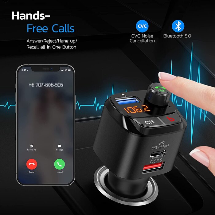 Bluetooth 5.0 FM Transmitter for Car, QC3.0 & USB-C PD 18W Wireless Bluetooth Radio Adapter Music Player/Car Kit with Bass Booster, Hands-Free Calls-NX12