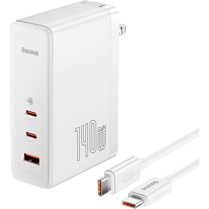 Baseus - USB C Charger, 140W Wall Charger PD 3.1 with 3.3ft USB C to C Cable, 3-Port GaN5 Charger for Laptops, iPad, iPhone 14/13 Series, Galaxy, MacBook Pro 16'', Steam Deck, White