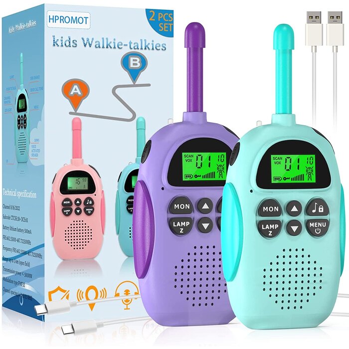 KIDS-WT-2 - HPROMOT -Walkie Talkies for Kids: 2 Pack Rechargeable Kids Walkie Talkies, Long Range 22 Channels 2 Way Radio Kids Christmas Toy Gift for 3-12 Year Old Boy Girl Toddlers