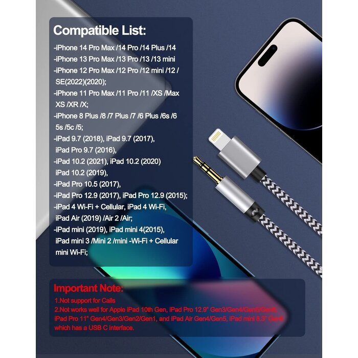 M/LIGHT-AUX-3FT - Aux Cord to iPhone 14 Pro Max, Lightning to 3.5mm Male Audio Cable Braided 3FT Auxiliar Ox Wire for Apple 14Pro 14 Plus 13 Pro Max 13 12 Mini X XR iPad iPod, iPhone Aux Chord for Car Speaker Headphone
