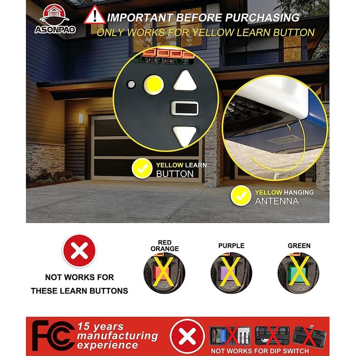 893LM-953ESTD - ASONPAO - 893LM 953ESTD Remote only for a Yellow Learn Button of Liftmaster Chamberlain Sears Craftsman Garage Door Openers Security+ 2.0