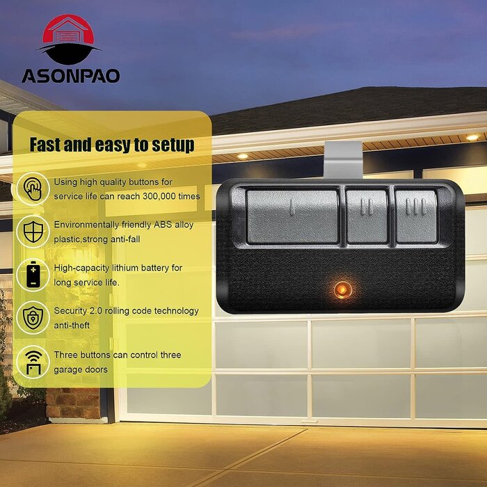 893LM-953ESTD - ASONPAO Replacement for 950ESTD, 953ESTD, 891LM, 893LM, 41A7633, Remote only for a Yellow Learn Button of Liftmaster Chamberlain Sears Craftsman Garage Door Openers Security+ 2.0