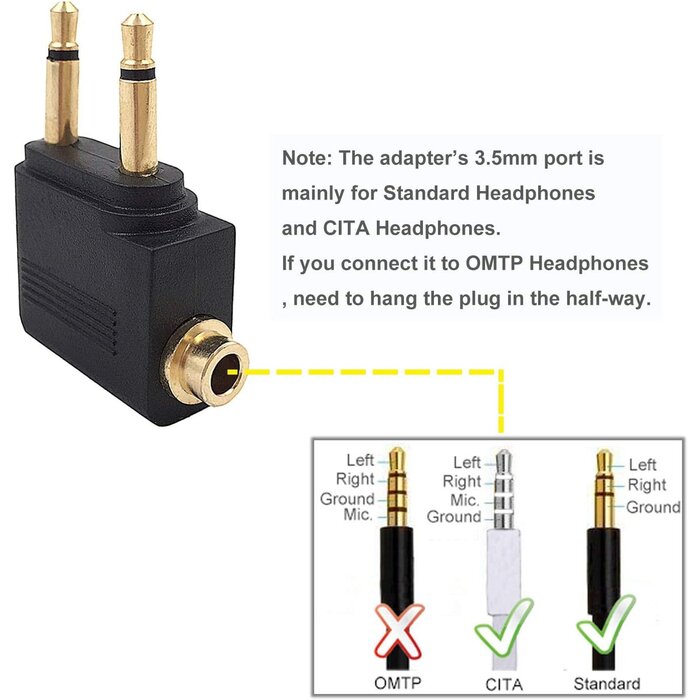 FLIGHT-ADAPTER - Valefod - Airline Airplane Flight Adapters for Headphones, Golden Plated 3.5mm Jack