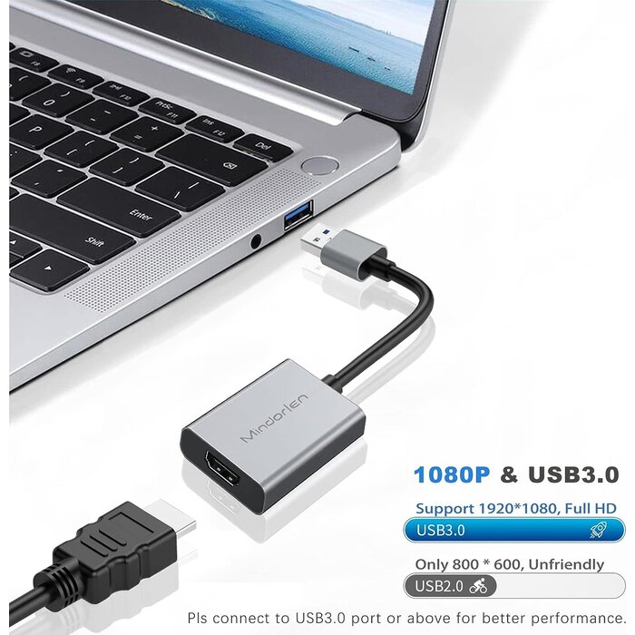 USB2HDMI - Mindorlen - USB to HDMI Adapter for Monitor Windows 11/10 / 8, HDMI USB 3.0 Converter for Laptop, USB HDMI Cable Adapter Multiple Monitors for Desktop PC TV