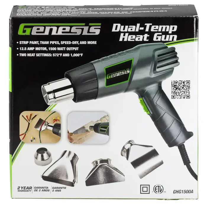 GHG1500A - Genesis - GHG1500A 12.5 Amp Dual-Temperature Heat Gun Kit with High and Low Settings, Air Reduction Nozzle, Reflector Nozzle, and Two Deflector Nozzles
