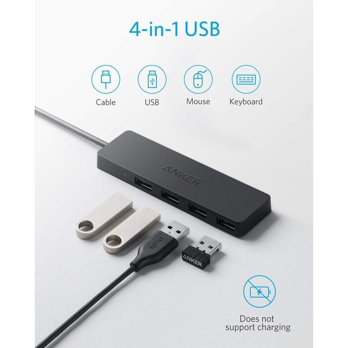 A7516016 - Anker - 4-Port USB 3.0 Hub, Ultra-Slim Data USB Hub with 2 ft Extended Cable [Charging Not Supported], for MacBook, Mac Pro, Mac mini, iMac, Surface Pro, XPS, PC, Flash Drive, Mobile HDD