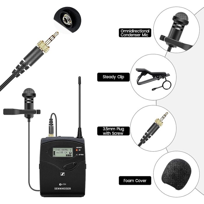 LAVALIER-MIC - weishan - Lavalier Lapel Microphone Compatible with Sennheiser Wireless System Bodypack Transmitter, Omnidirectional Condenser Mic for YouTube, Lectures, Living Performance