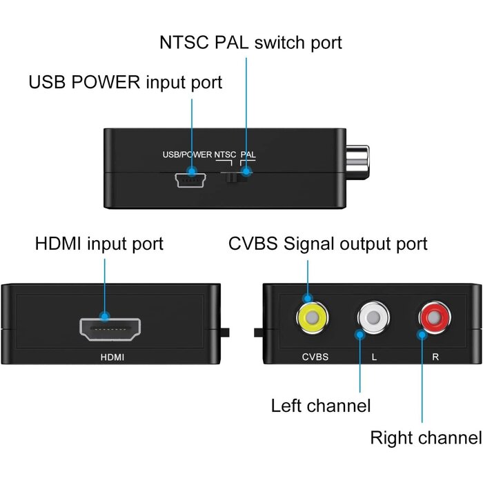 HDMI2RCA - 10Gtek - HDMI to RCA, HDMI to AV, 1080P HDMI to 3RCA CVBS AV Composite Video Audio Converter Adapter Supports PAL/NTSC with USB Charge Cable for PC Laptop HDTV DVD-Black (Additional Cable)