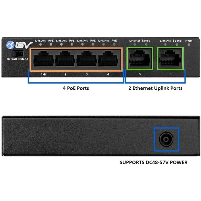 POE-SW502 - BV-Tech 6 Port PoE+ Switch (4 PoE+ Ports with 2 Ethernet Uplink and Extend Function) – 60W – 802.3at + 1 High Power PoE Port| Desktop Fanless Design | Sturdy Metal Housing