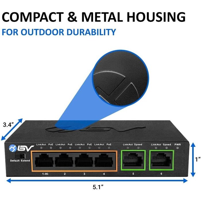 POE-SW502 - BV-Tech 6 Port PoE+ Switch (4 PoE+ Ports with 2 Ethernet Uplink and Extend Function) – 60W – 802.3at + 1 High Power PoE Port| Desktop Fanless Design | Sturdy Metal Housing