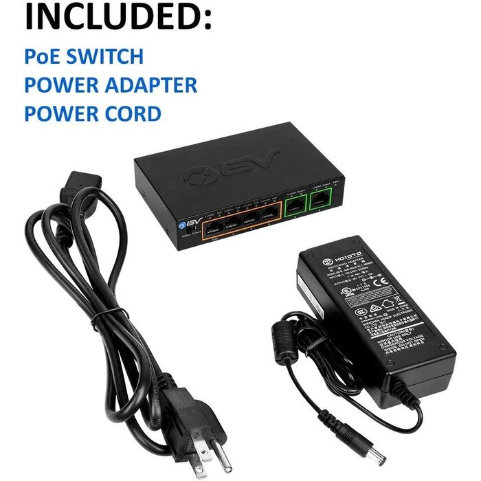 POE-SW502 - BV-Tech 6 Port PoE+ Switch (4 PoE+ Ports with 2 Ethernet Uplink and Extend Function) – 60W – 802.3at + 1 High Power PoE Port| Desktop Fanless Design | Sturdy Metal Housing