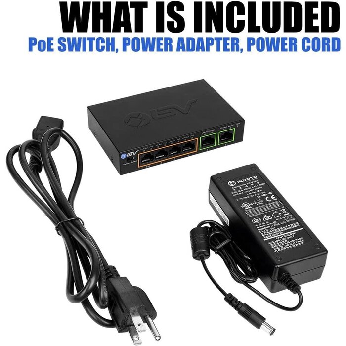 POE-SW502 - BV-Tech 6 Port PoE+ Switch (4 PoE+ Ports with 2 Ethernet Uplink and Extend Function) – 60W – 802.3at + 1 High Power PoE Port| Desktop Fanless Design | Sturdy Metal Housing