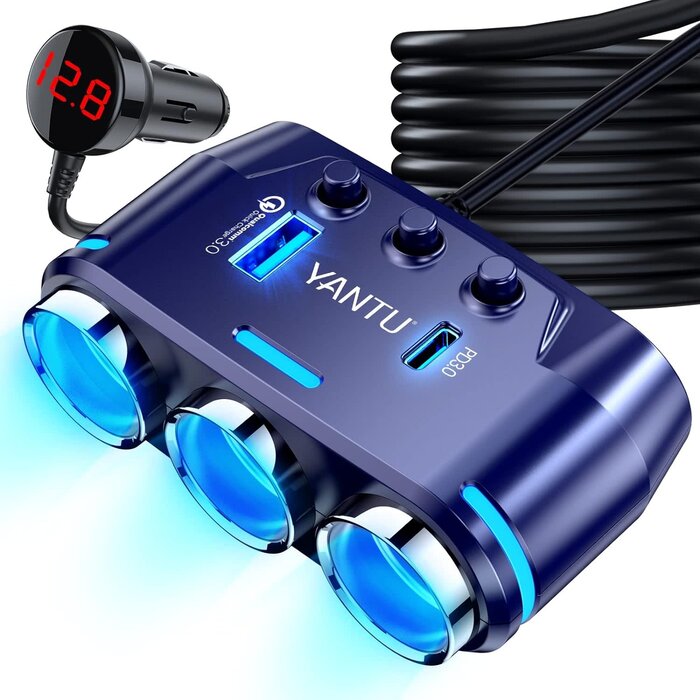 B39-120W-BLUE - YANTU - Cigarette Lighter Adapter, Car Charger Adapter 3 Socket Cigarette Lighter Splitter with LED Voltage Display PD/QC 3.0 Charger On/Off Switches 120W 12V Car Splitter Adapter for All car Devices