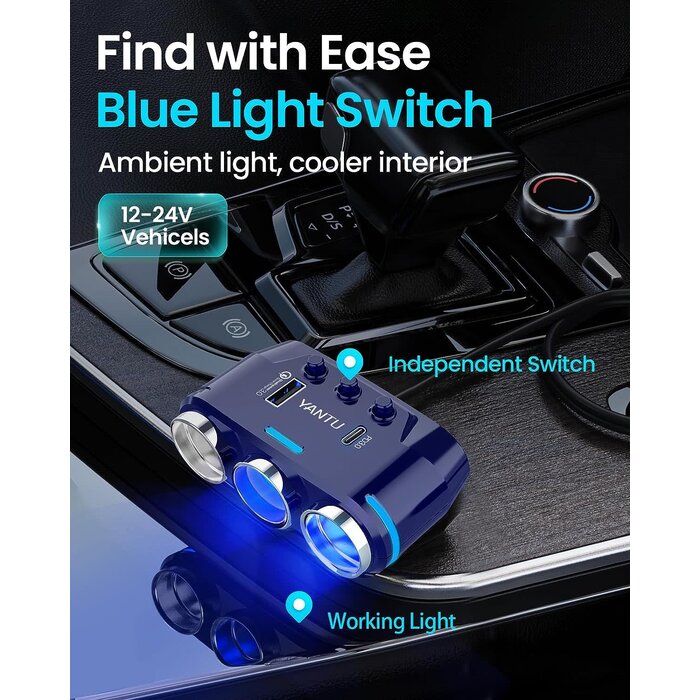 B39-120W-BLUE - YANTU - Cigarette Lighter Adapter, Car Charger Adapter 3 Socket Cigarette Lighter Splitter with LED Voltage Display PD/QC 3.0 Charger On/Off Switches 120W 12V Car Splitter Adapter for All car Devices