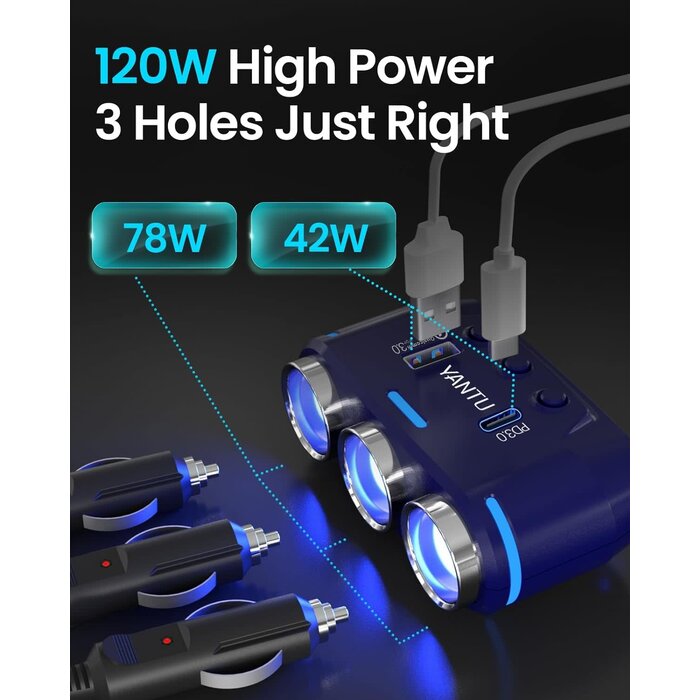 B39-120W-BLUE - YANTU - Cigarette Lighter Adapter, Car Charger Adapter 3 Socket Cigarette Lighter Splitter with LED Voltage Display PD/QC 3.0 Charger On/Off Switches 120W 12V Car Splitter Adapter for All car Devices